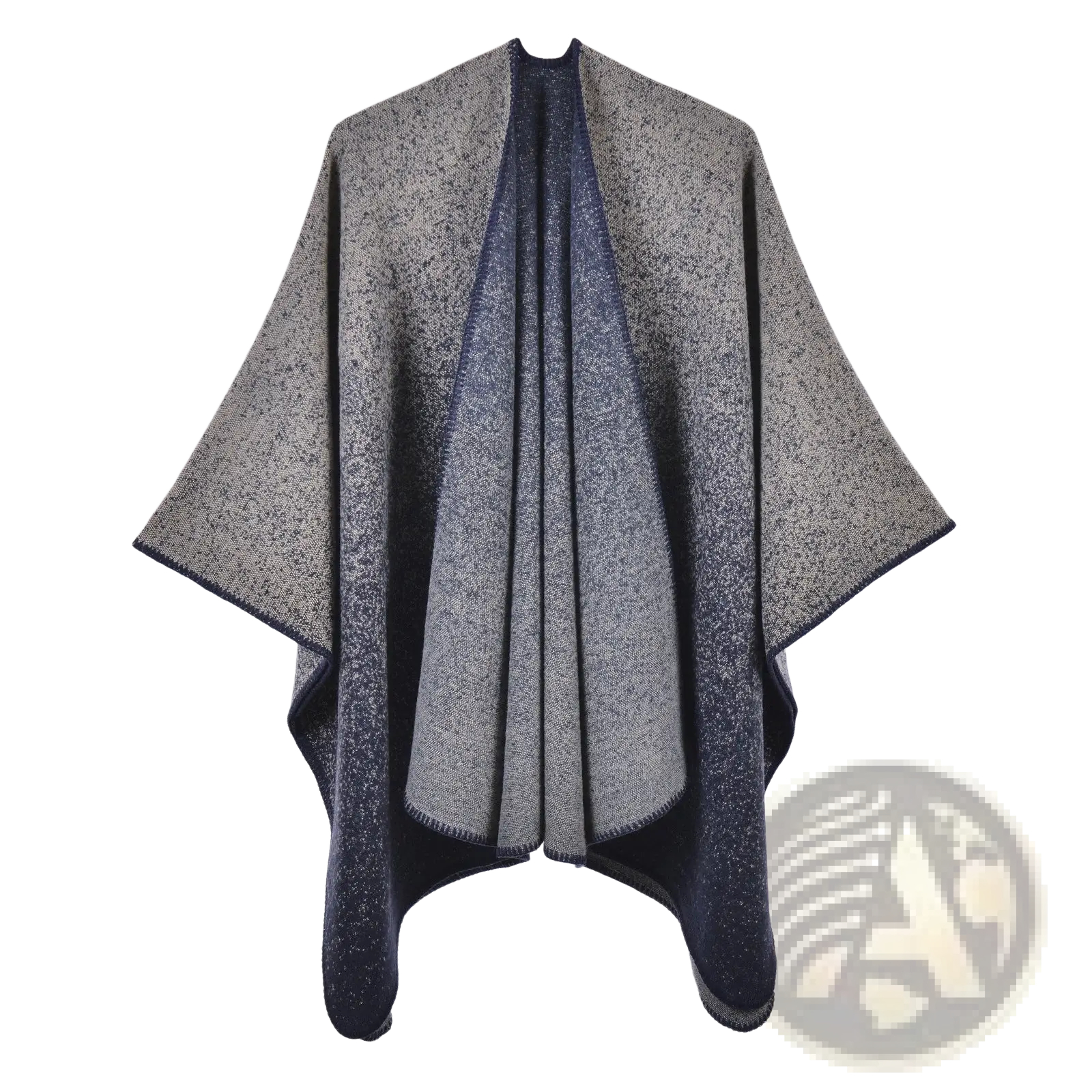 Oversized plaid woolen cape in gradient wool blend with speckled texture from light gray to navy for travel use