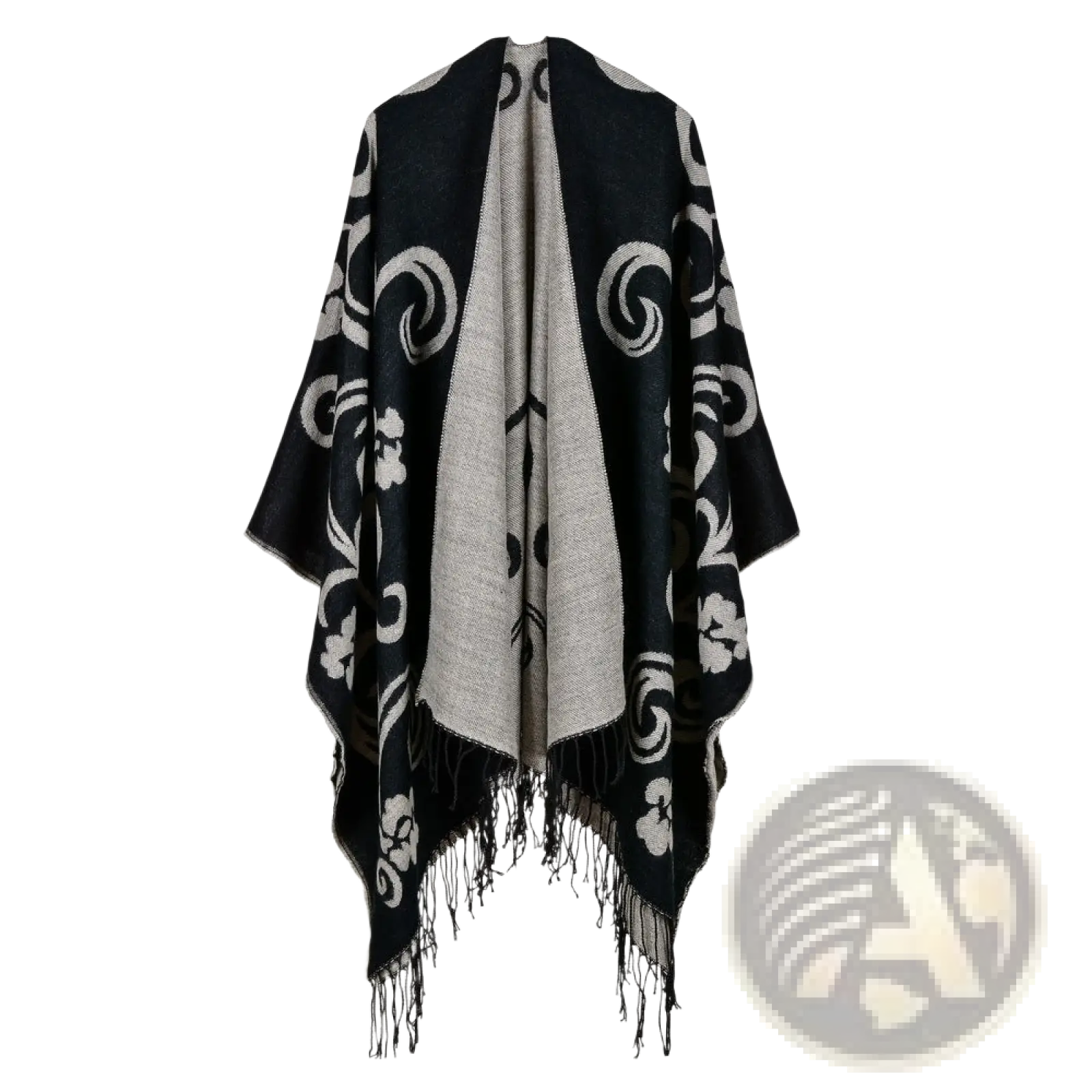 Black and gray patterned knit oversized plaid woolen cape with swirling floral designs and fringe trim for travel
