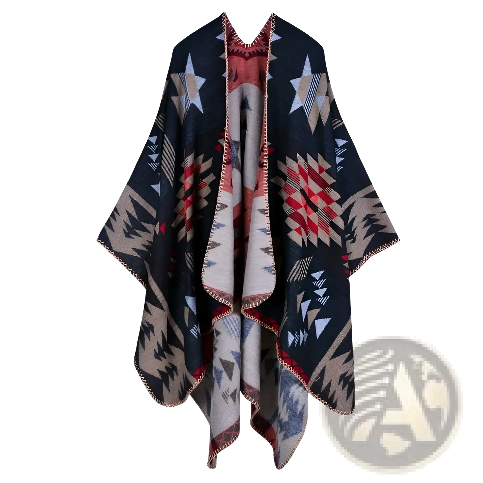 Dark blue woolen oversized plaid cape with bold beige red and white geometric pattern ideal for travel use