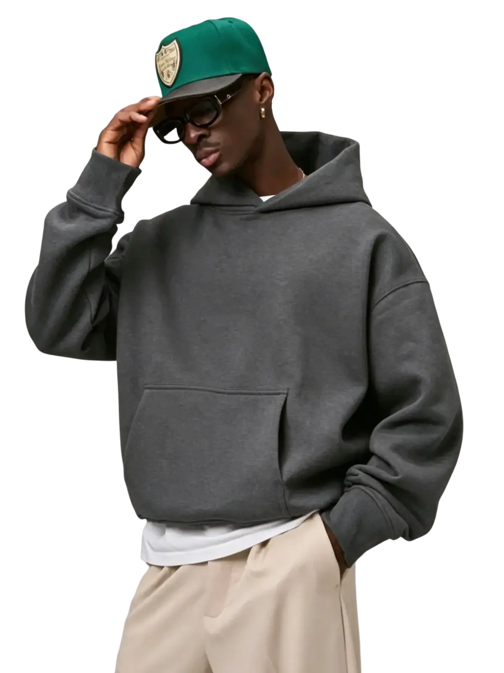 A dark gray oversized pullover hooded sweatshirt with front pocket and ribbed cuffs for street daily wear
