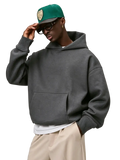 A dark gray oversized pullover hooded sweatshirt with front pocket and ribbed cuffs for street daily wear