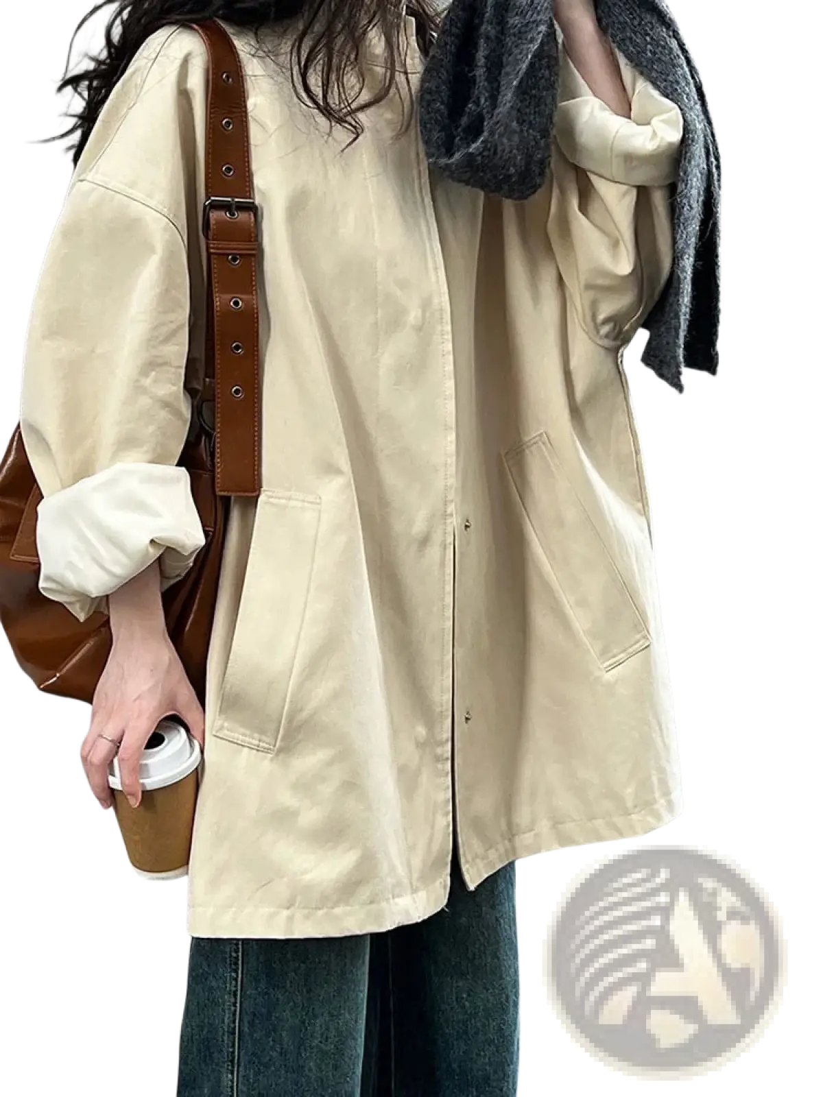 Beige oversized single breasted trench coat for women with button closures and front pockets in a lightweight fabric
