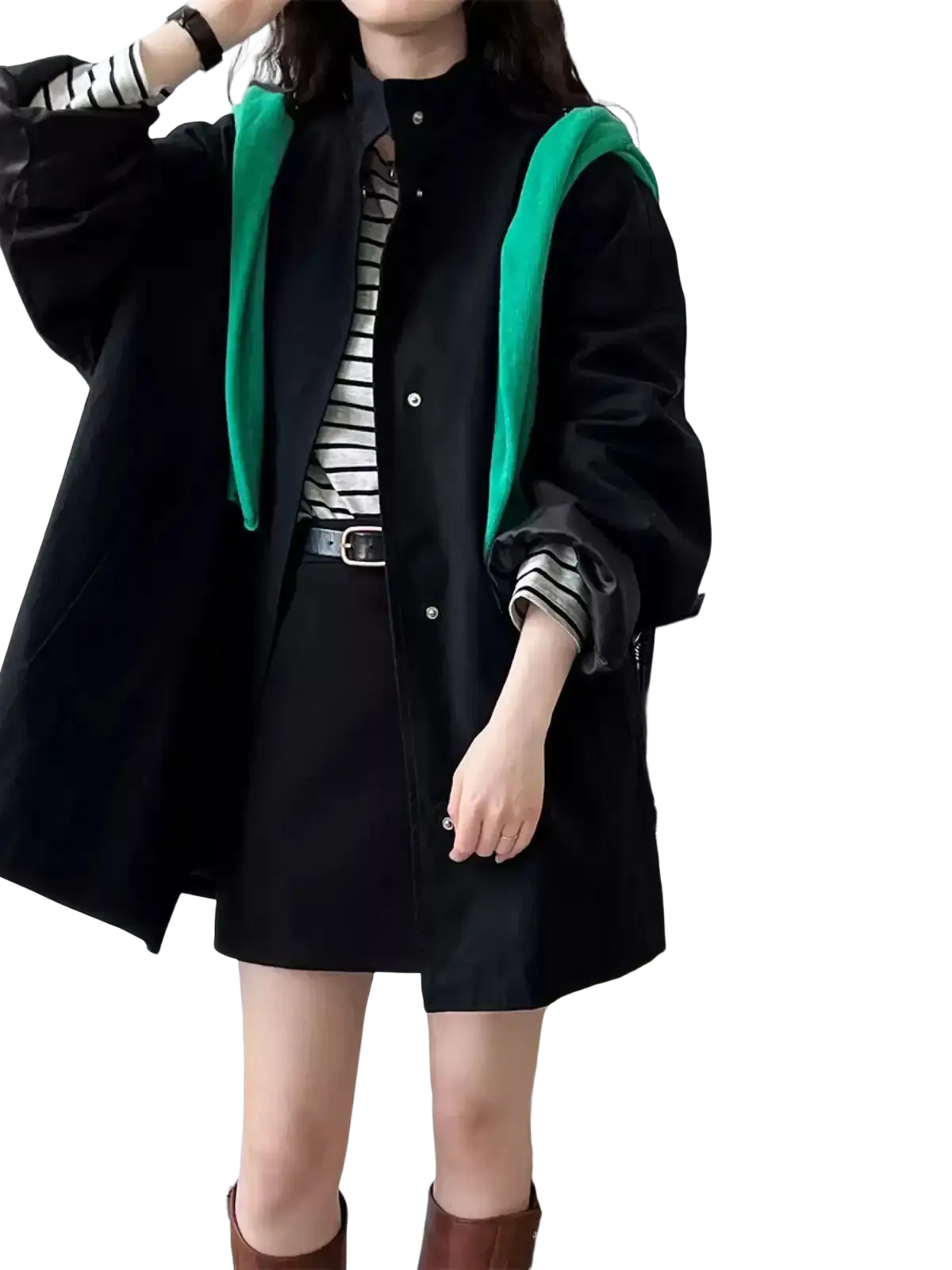 Oversized single breasted trench coat for women in black corduroy with vibrant green shoulder panels and button closures
