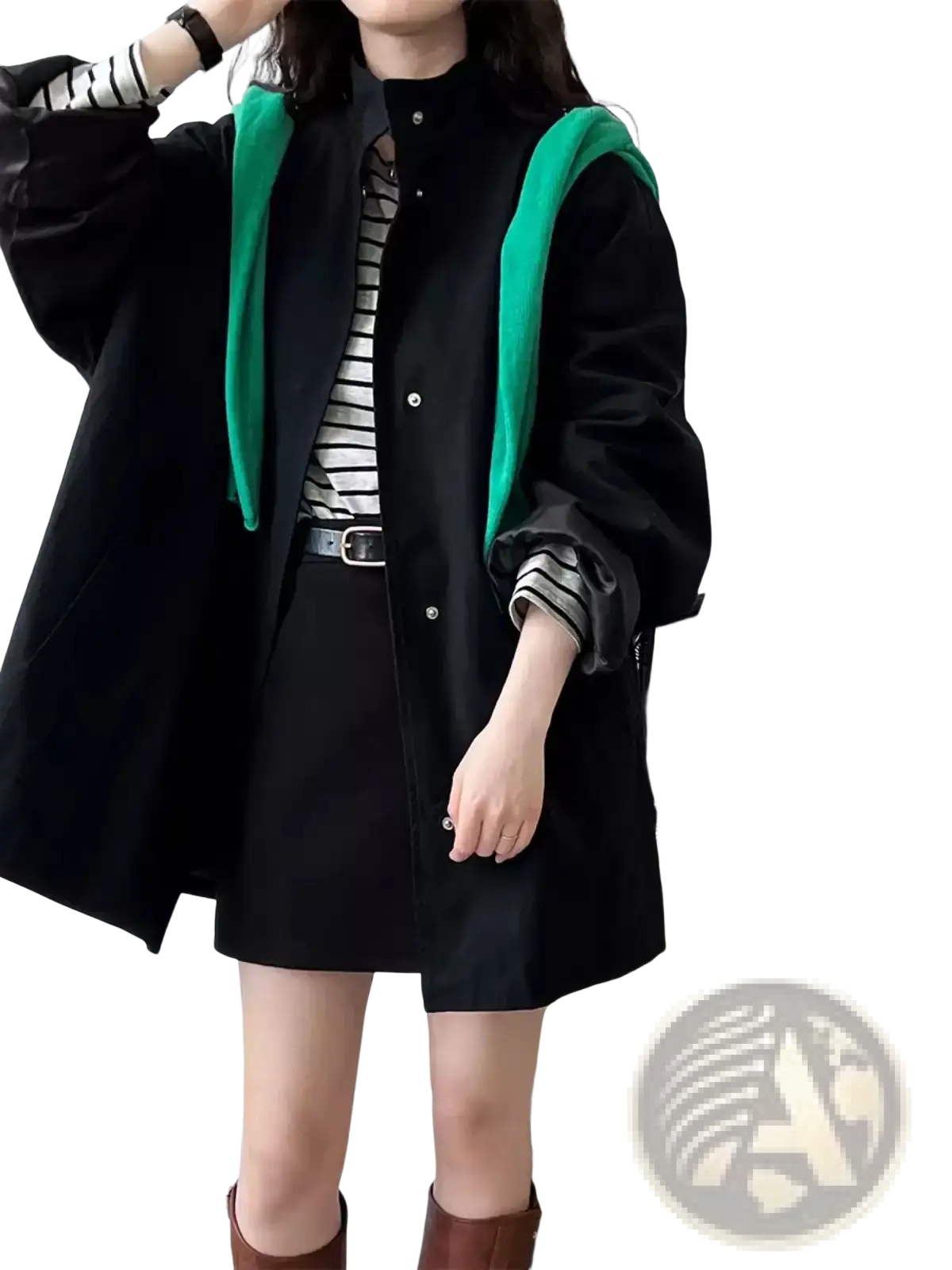Oversized single breasted trench coat for women in black corduroy with vibrant green shoulder panels and button closures