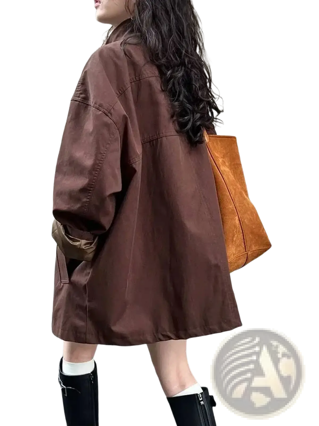Brown oversized single breasted canvas trench coat for women with rolled up sleeves and relaxed fit