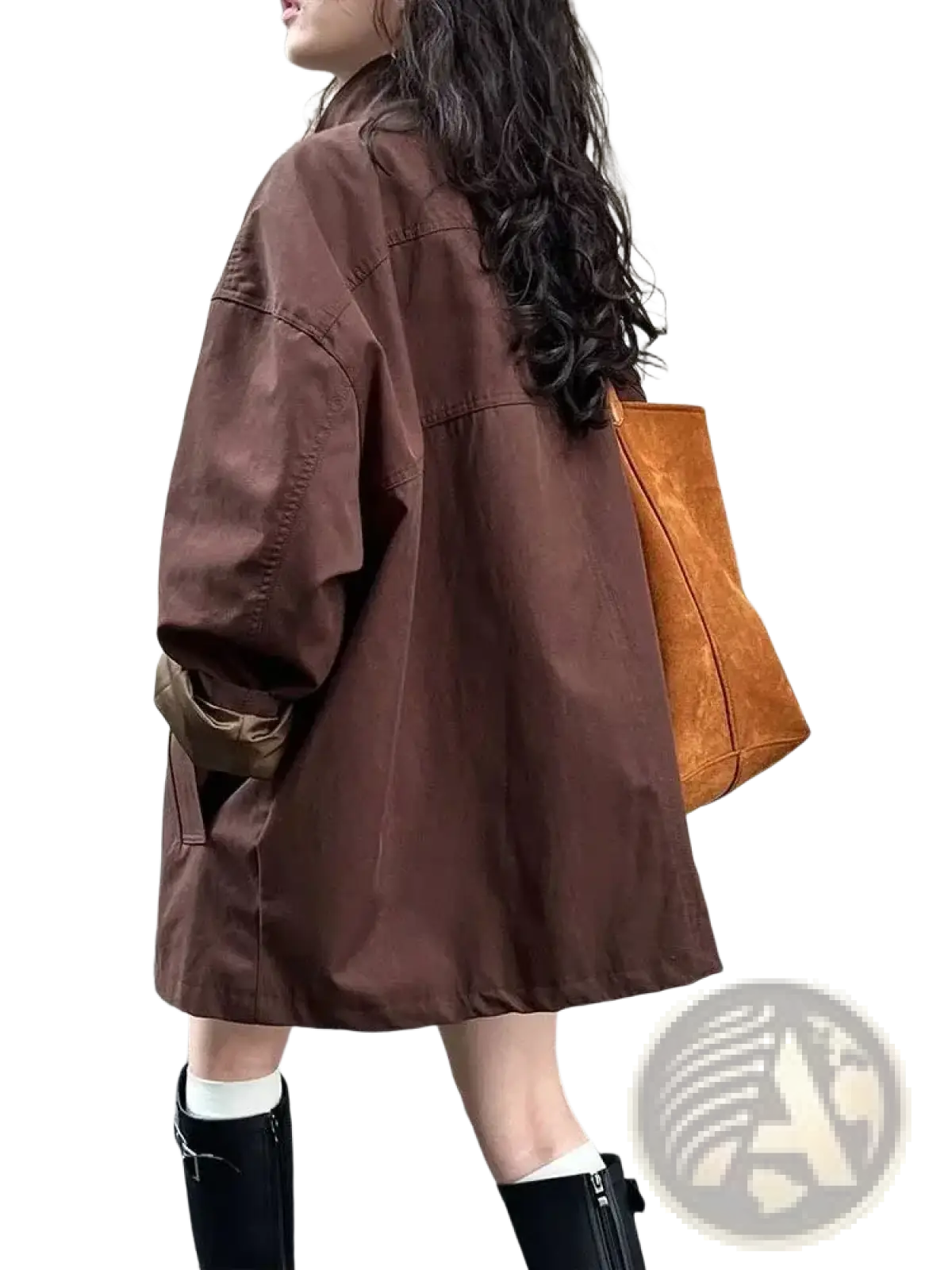 Brown oversized single breasted canvas trench coat for women with rolled up sleeves and relaxed fit