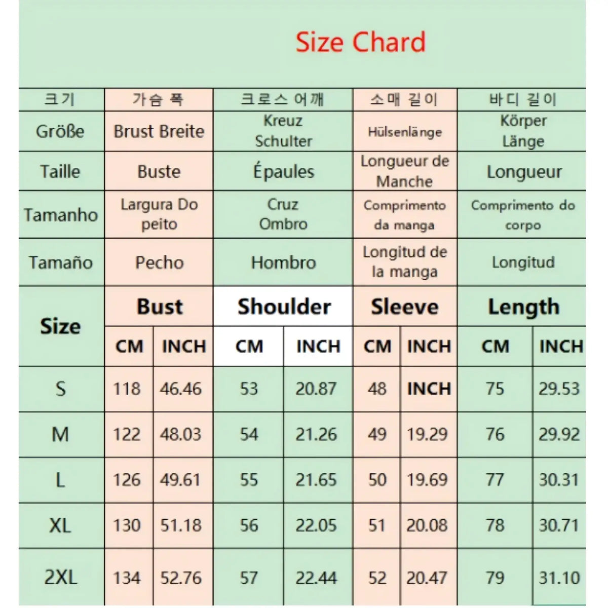 Size chart for oversized single breasted trench coat women showing measurements in centimeters and inches from s to 2xl