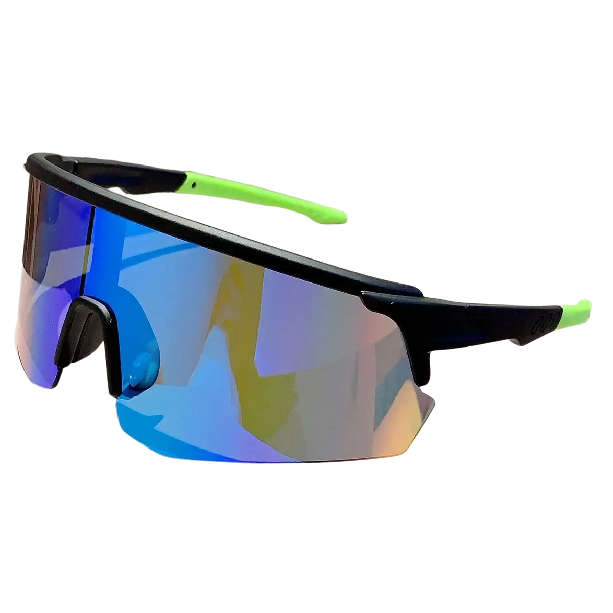 Oversized black and neon green sports sunglasses with reflective blue gradient mirror lenses for cycling use