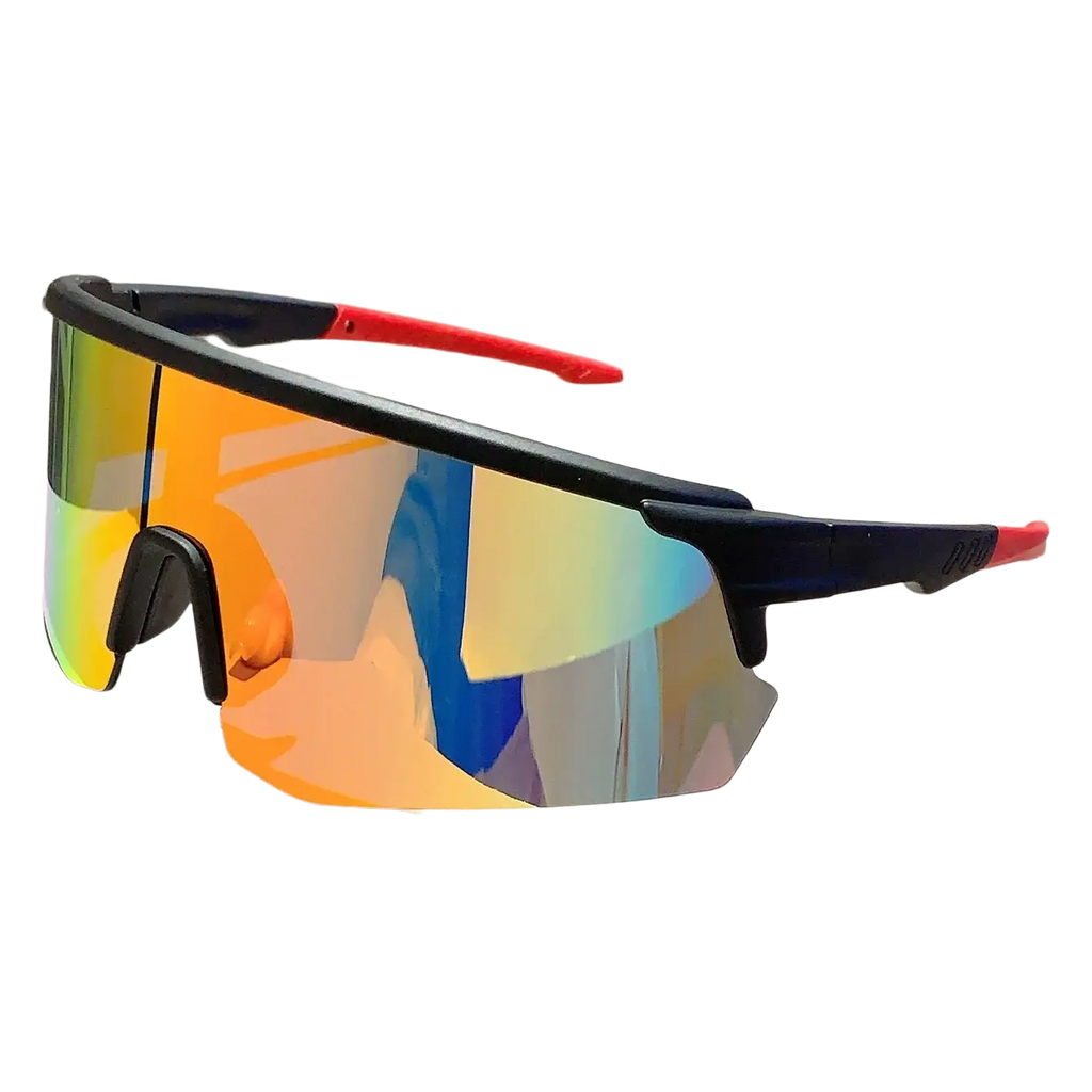 Oversized sports sunglasses with black and red frame and iridescent mirror cycling lenses shifting orange yellow blue green