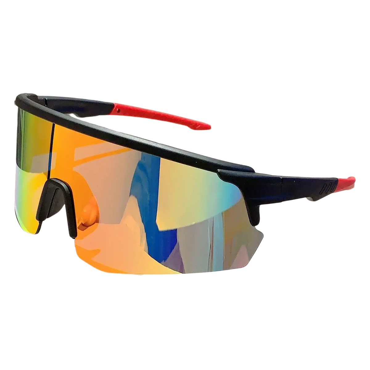 Oversized sports sunglasses with black and red frame and iridescent mirror cycling lenses shifting orange yellow blue green