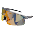 Clear-framed oversized sports sunglasses with reflective gradient lenses shifting from orange to blue for cycling