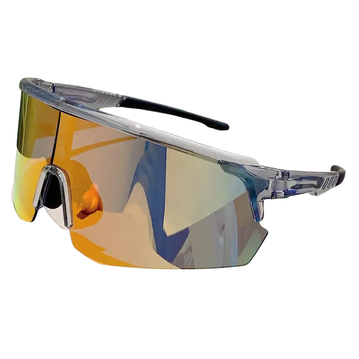 Clear-framed oversized sports sunglasses with reflective gradient lenses shifting from orange to blue for cycling