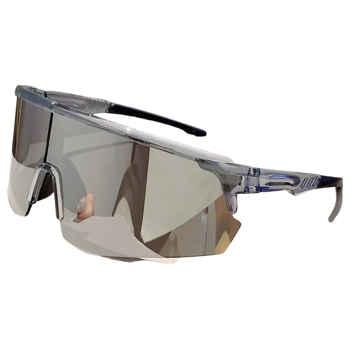 Clear-framed oversized sports sunglasses with reflective silver lenses and black temple tips for cycling use