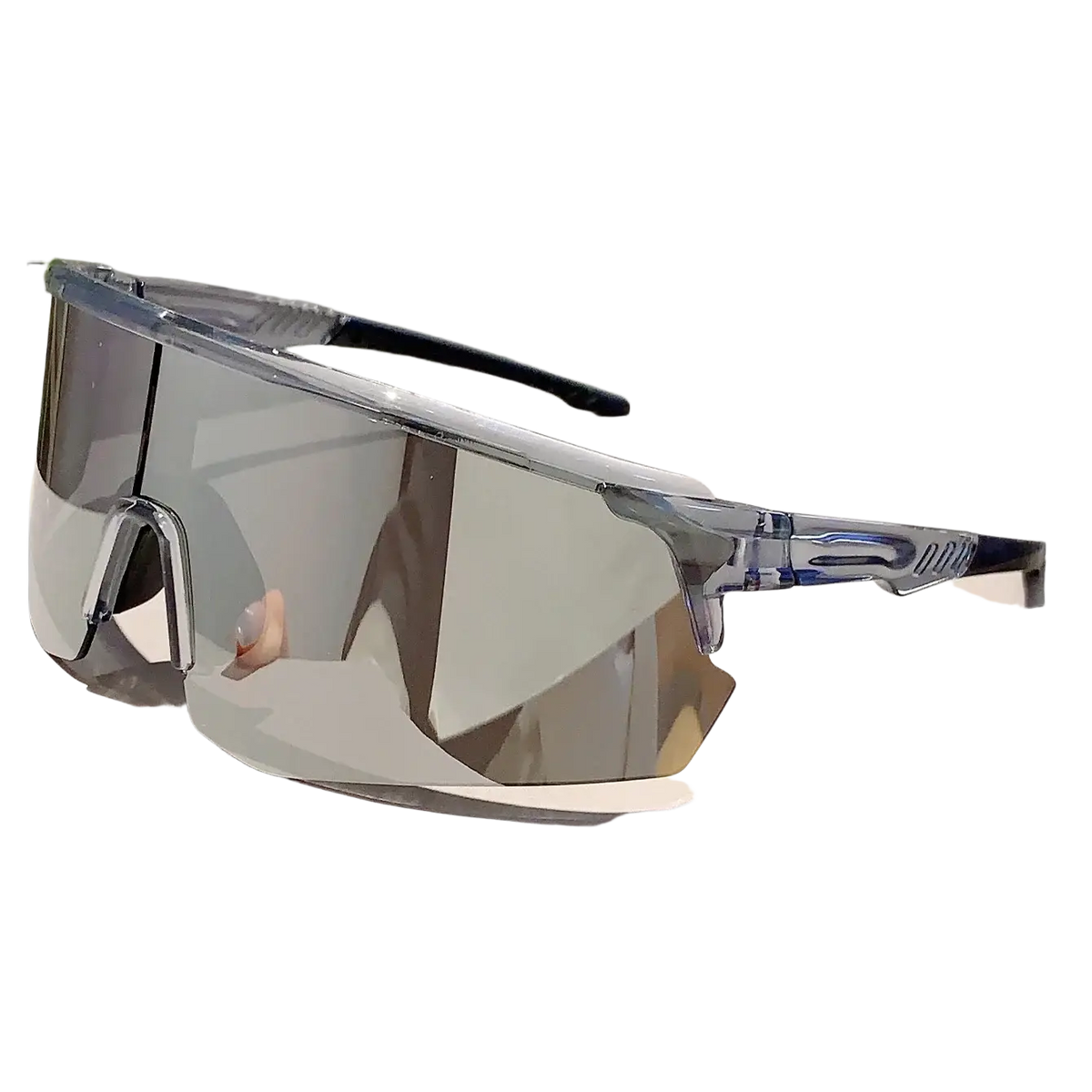 Oversized sports sunglasses with clear sleek frame and reflective silver lenses designed for cycling use