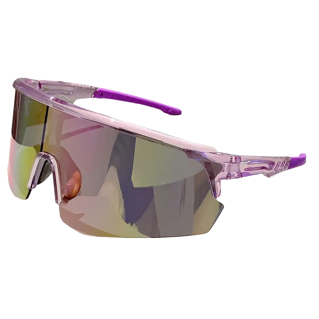 Oversized sports sunglasses with purple frames and reflective iridescent lenses designed for cycling use