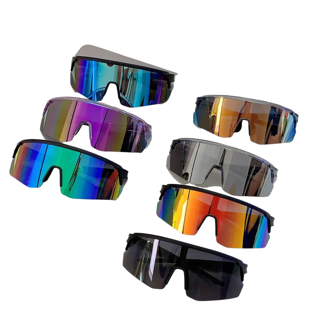 Set of seven oversized sports sunglasses with sleek black frames and iridescent rainbow gradient mirror lenses