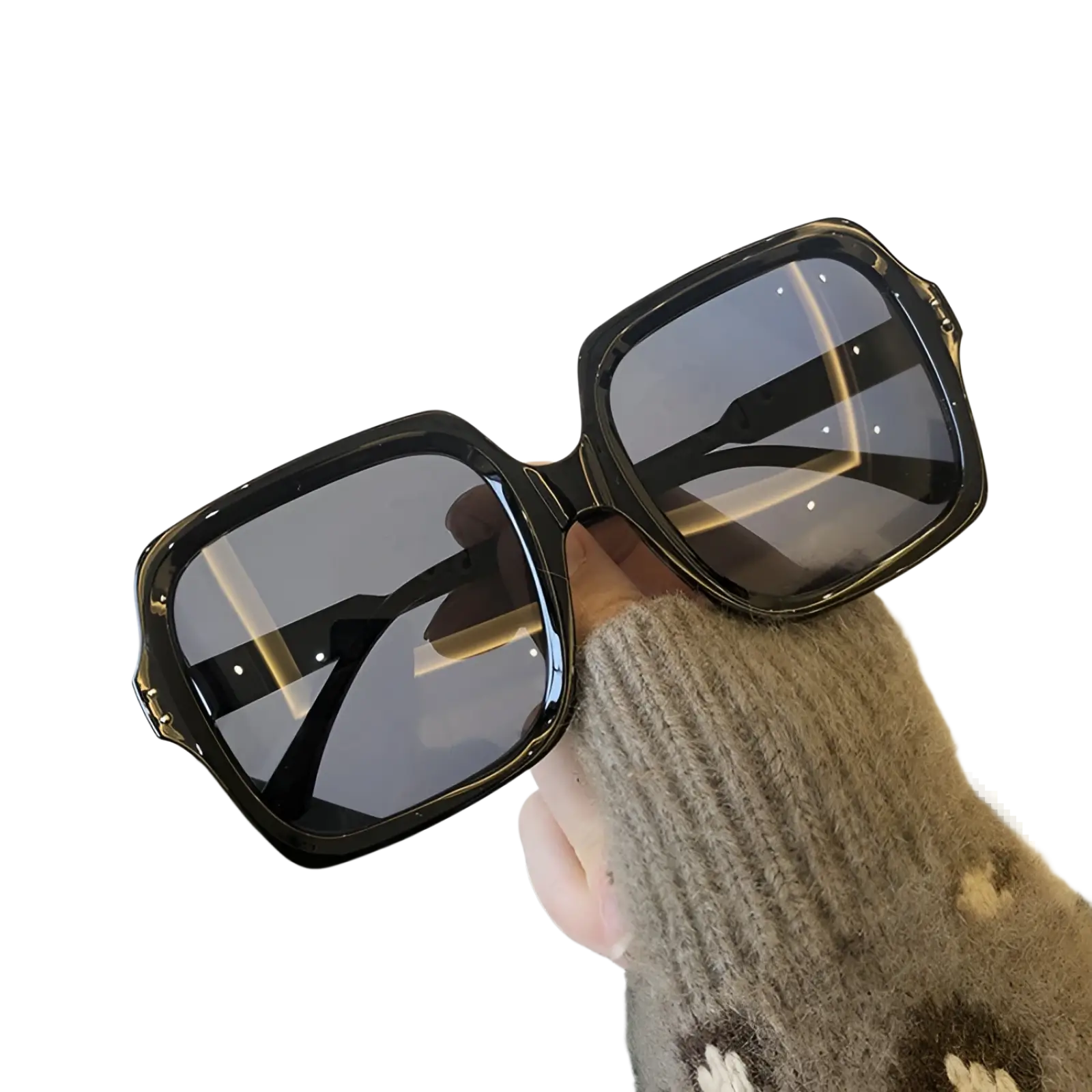 Oversized square fashion sunglasses with black glossy frames and dark gray lenses for stylish sun protection
