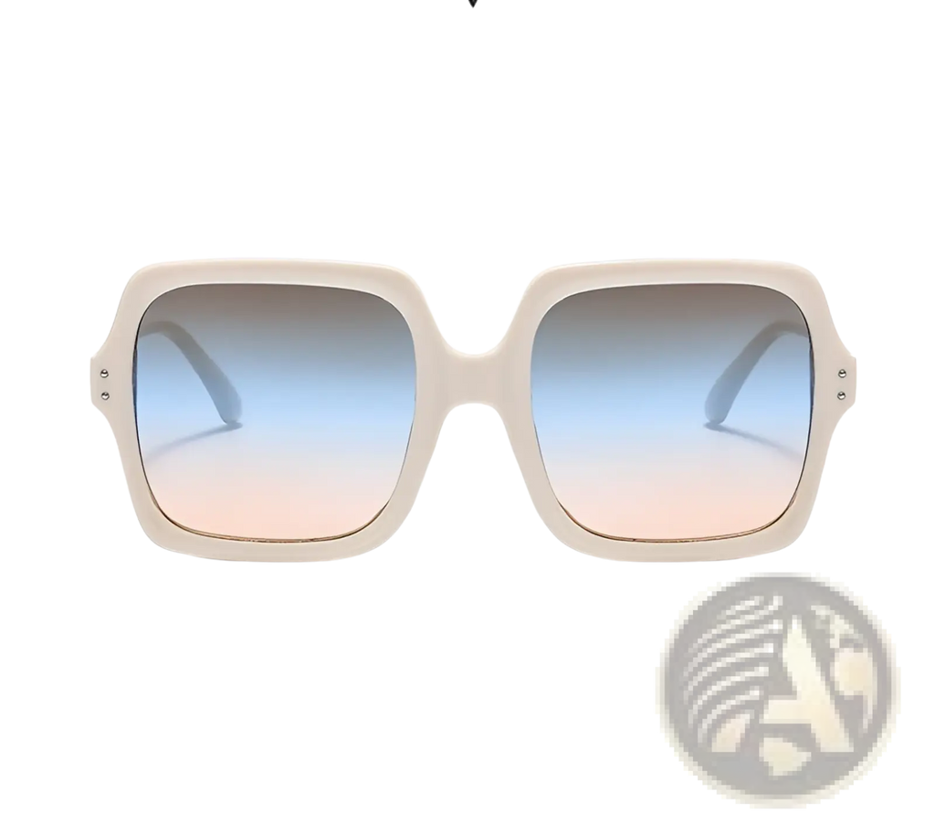 Cream-colored oversized square fashion sunglasses with translucent frames and gradient blue-to-pink lenses