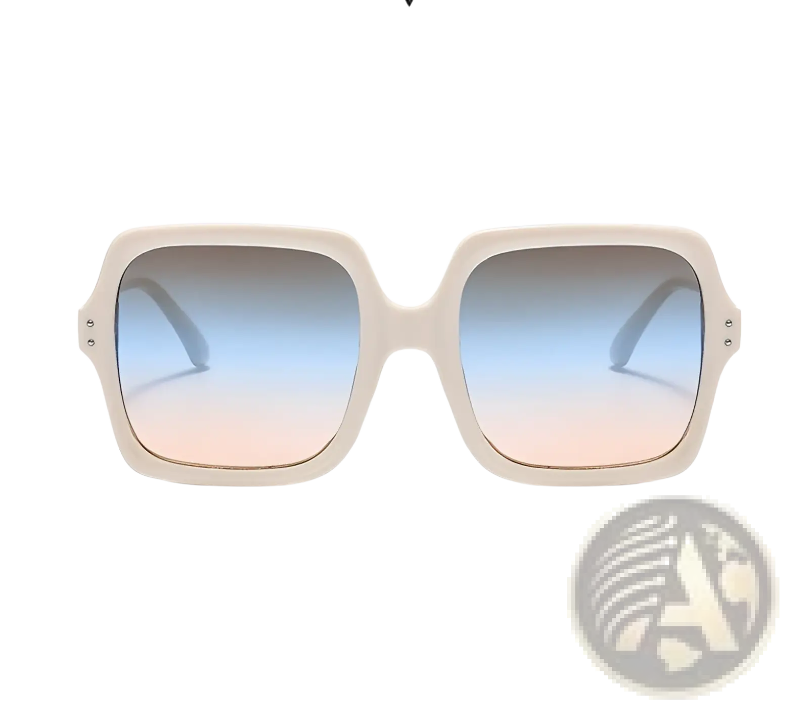 Cream-colored oversized square fashion sunglasses with translucent frames and gradient blue-to-pink lenses