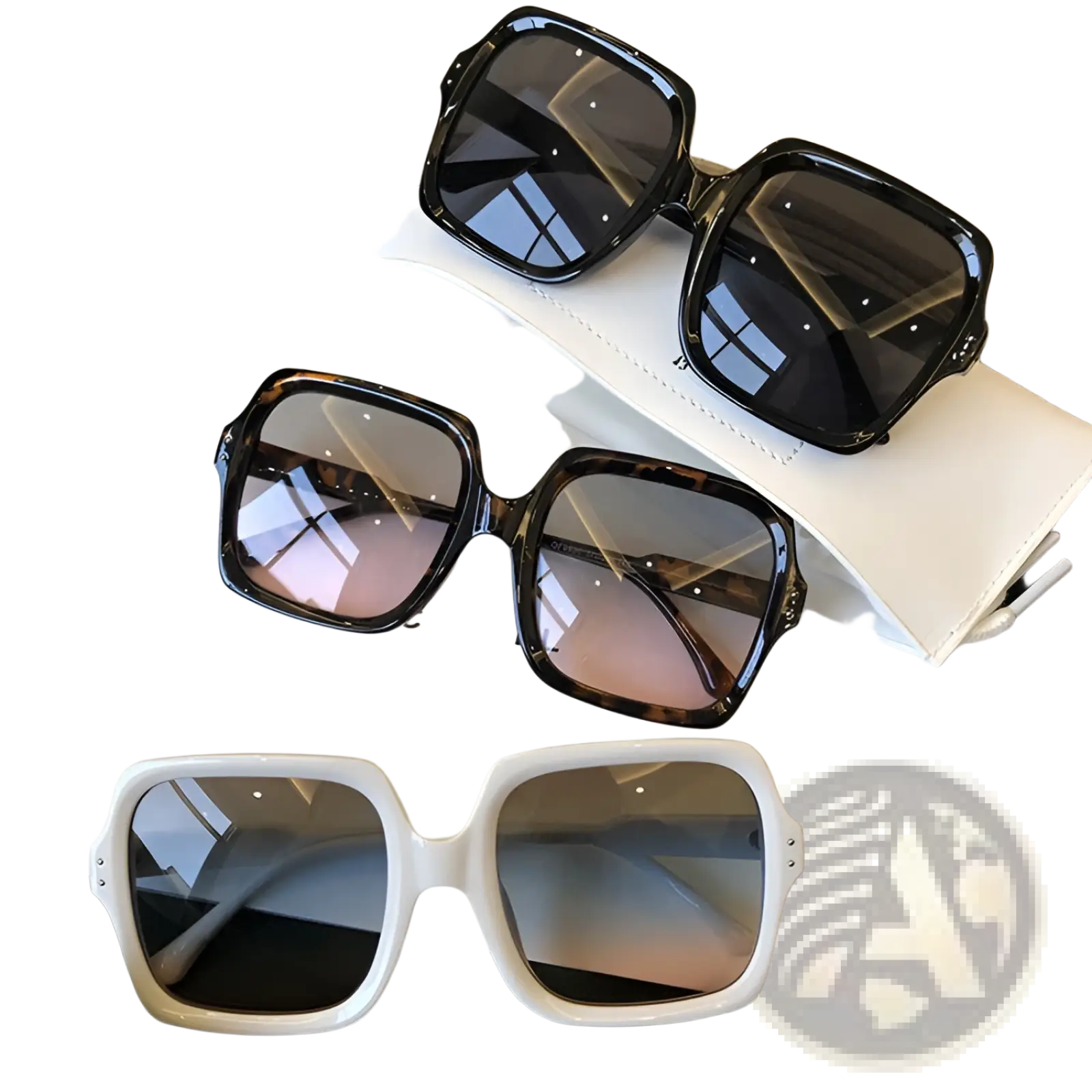 Oversized square fashion sunglasses with translucent black tortoiseshell and white square frames displayed