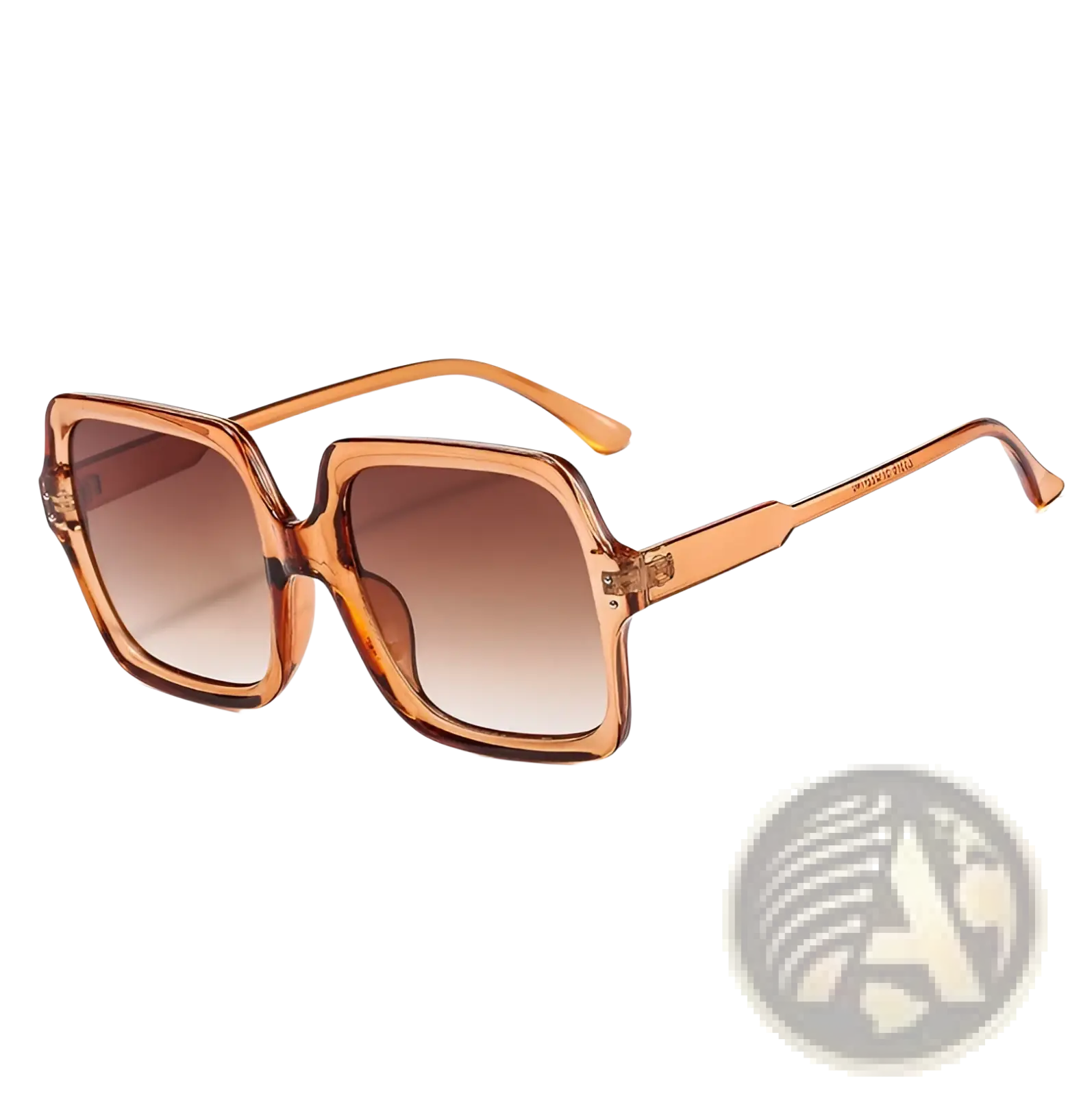 Oversized square fashion sunglasses with amber-tinted translucent plastic frames and gradient brown lenses