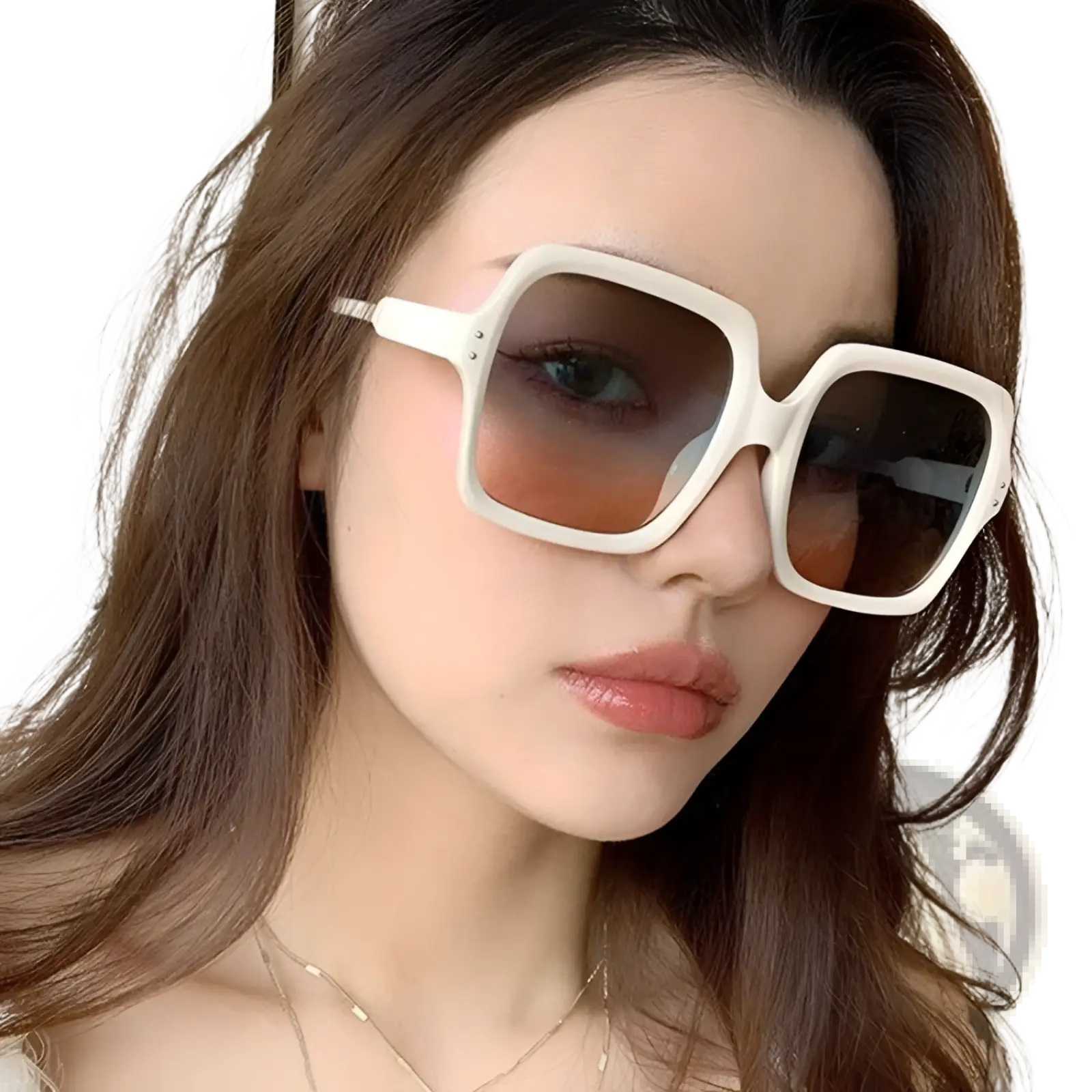 Oversized square fashion sunglasses with white translucent square frames and gradient brown lenses for stylish wear