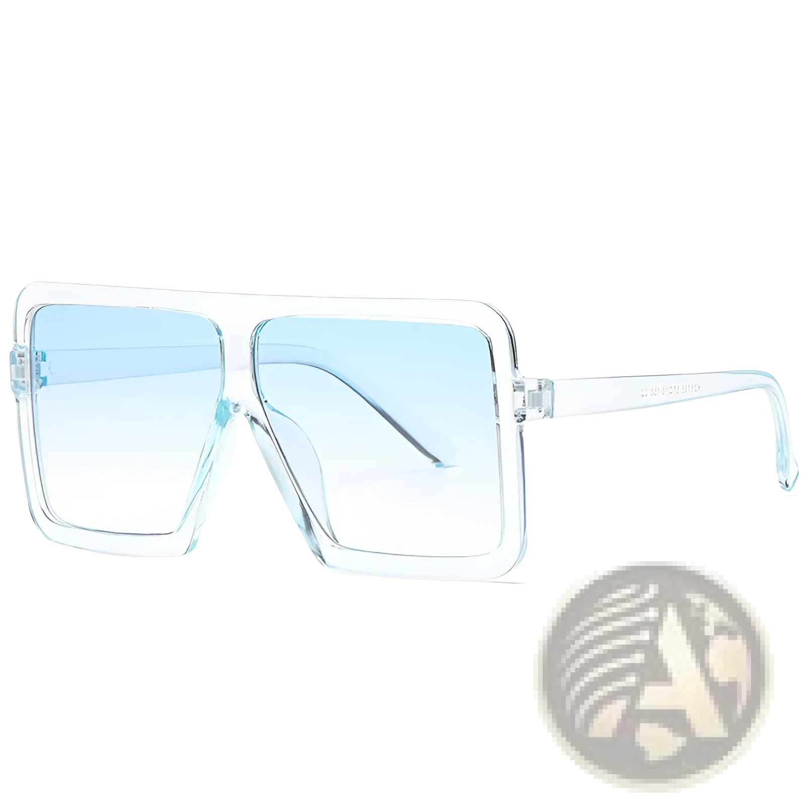 Oversized square translucent uv400 fashion sunglasses with clear rectangular frames and light blue gradient lenses