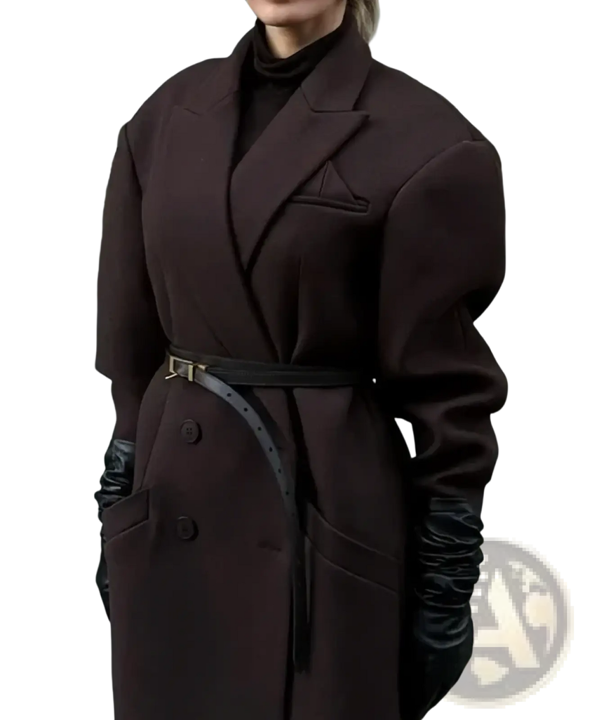 A structured dark brown wool oversized trench coat with belted waist paired with black leather gloves for fall