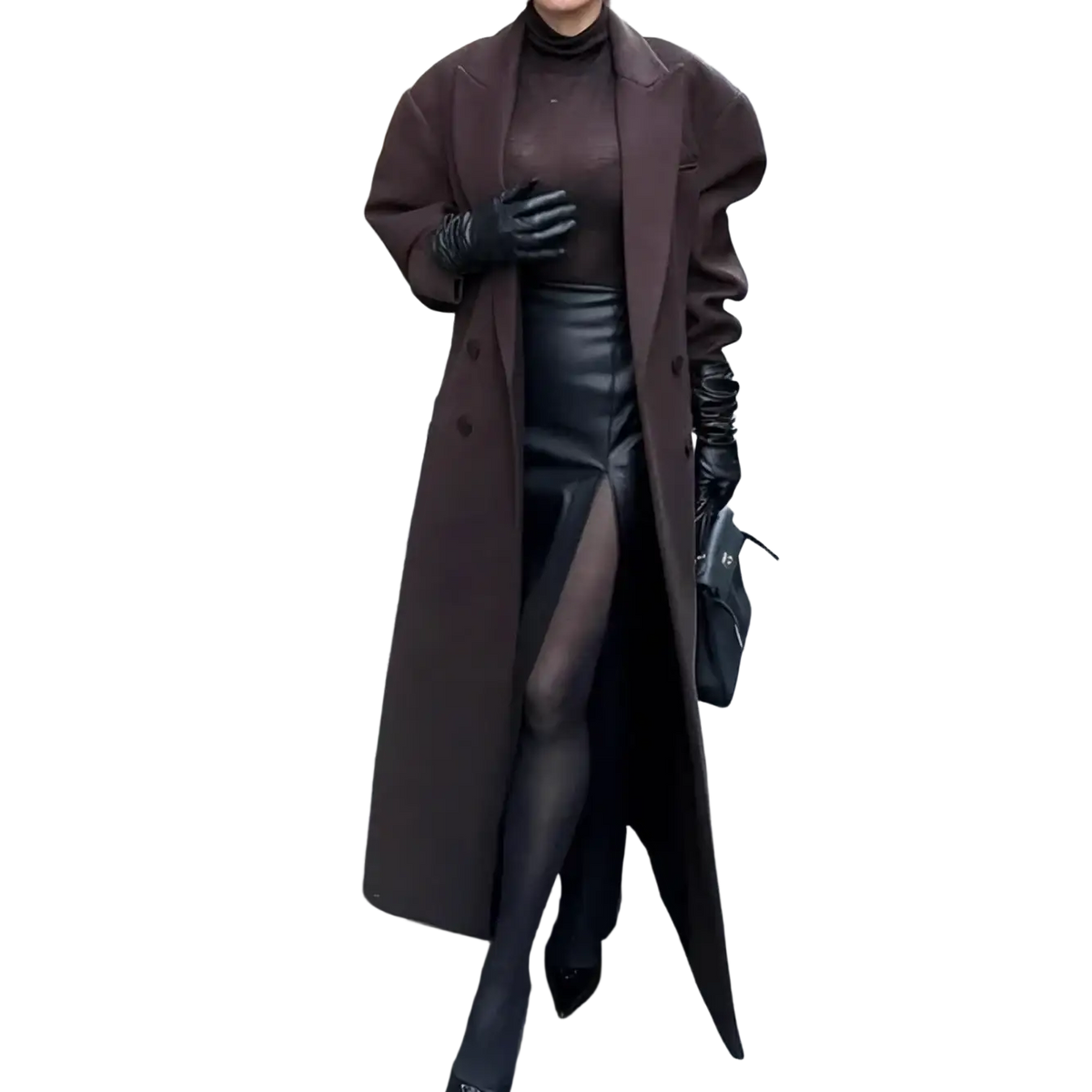 Oversized trench coat in dark brown wool with a structured silhouette and wide lapels for minimalist fall wear