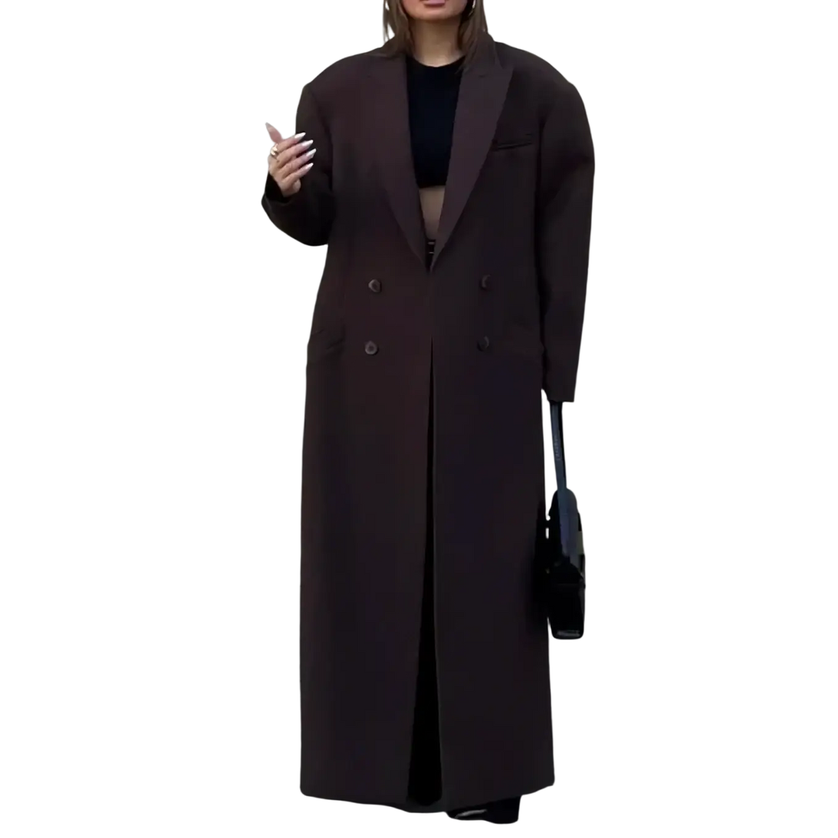 A long dark brown double-breasted oversized trench coat with a structured silhouette and classic lapel design