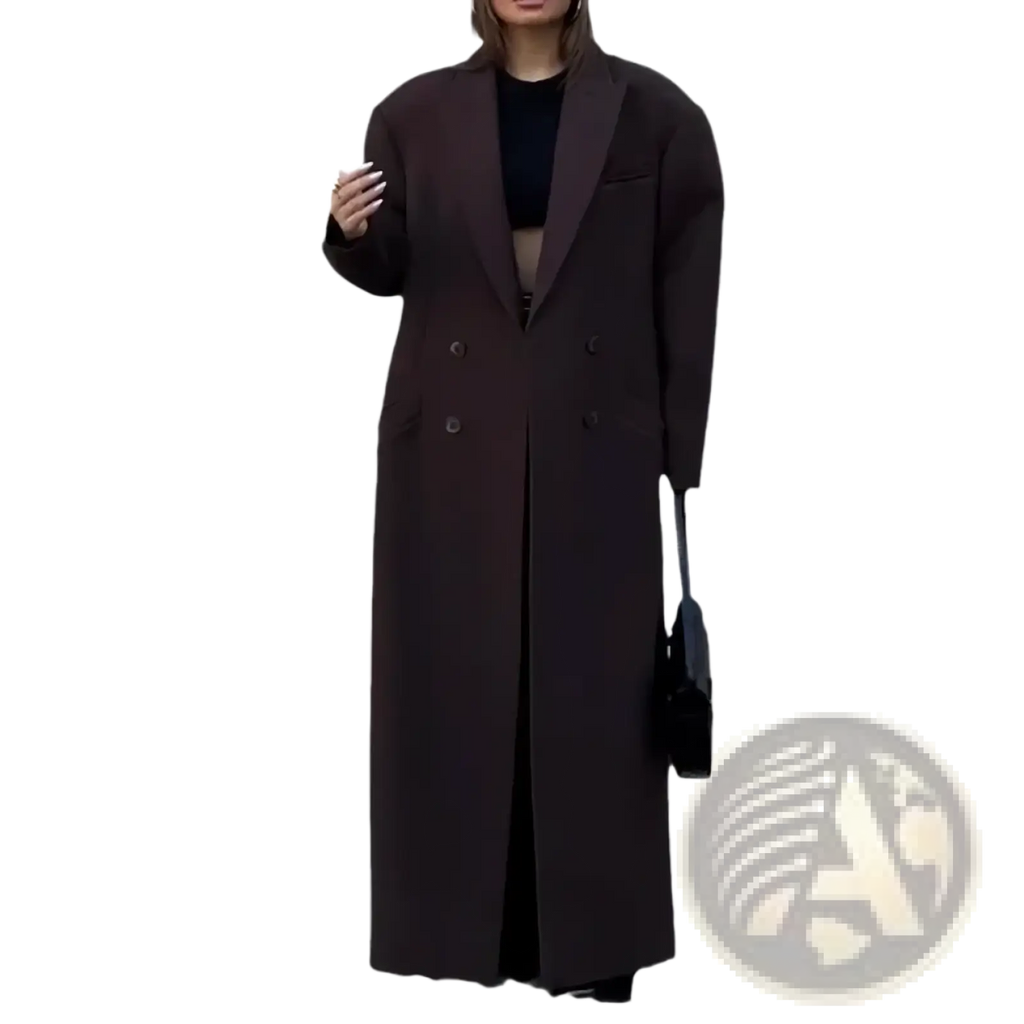 A long dark brown double breasted oversized trench coat with black buttons and a classic tailored design for fall