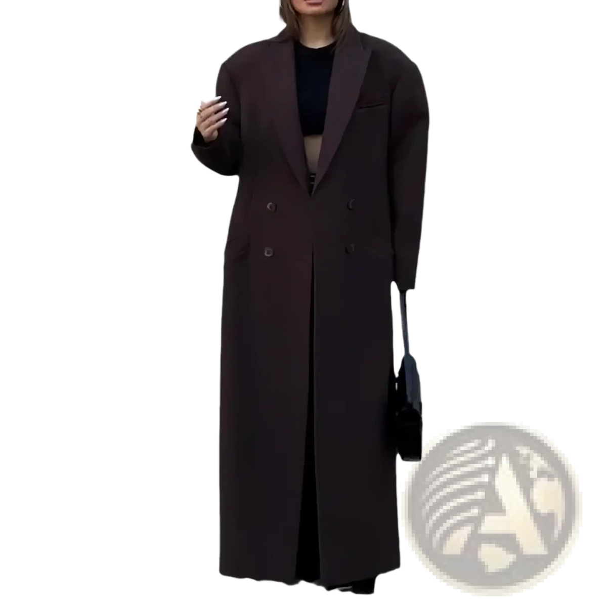 A long dark brown double breasted oversized trench coat with black buttons and a classic tailored design for fall