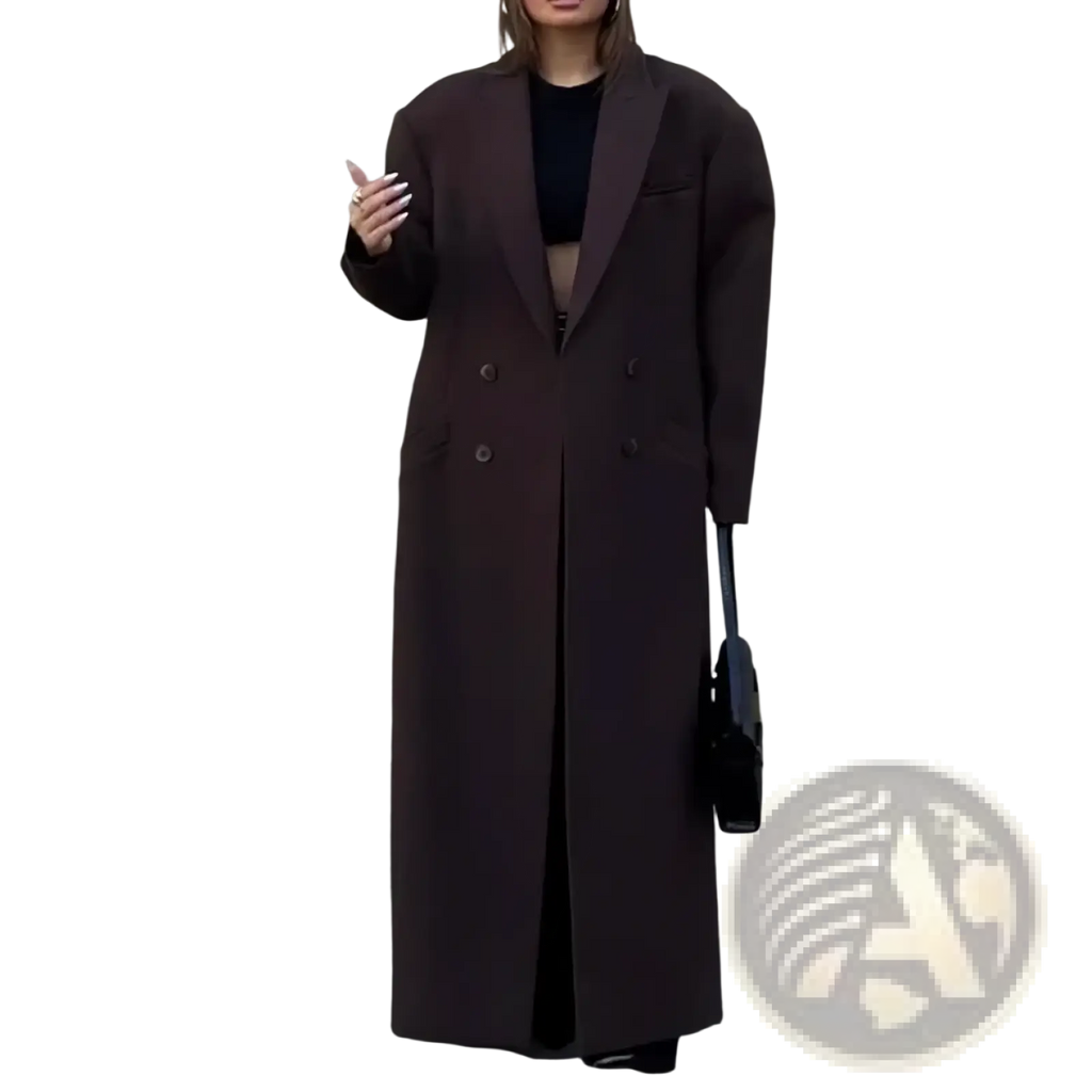 A long dark brown double-breasted oversized trench coat with a structured silhouette and classic lapel design
