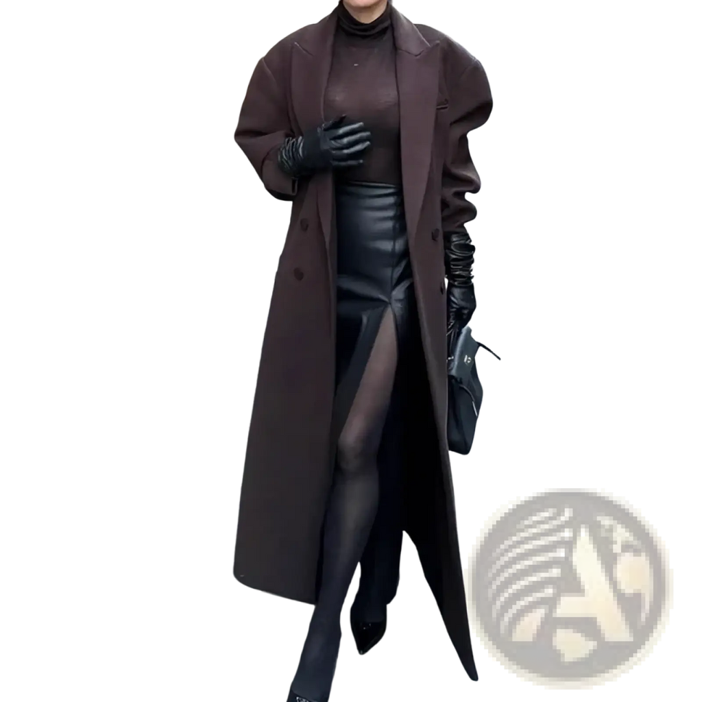 Oversized trench coat in dark brown wool with a structured silhouette and wide lapels for minimalist fall wear