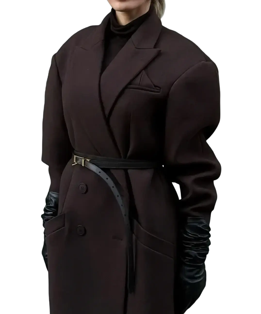 A structured dark brown wool oversized trench coat with belted waist paired with black leather gloves for fall