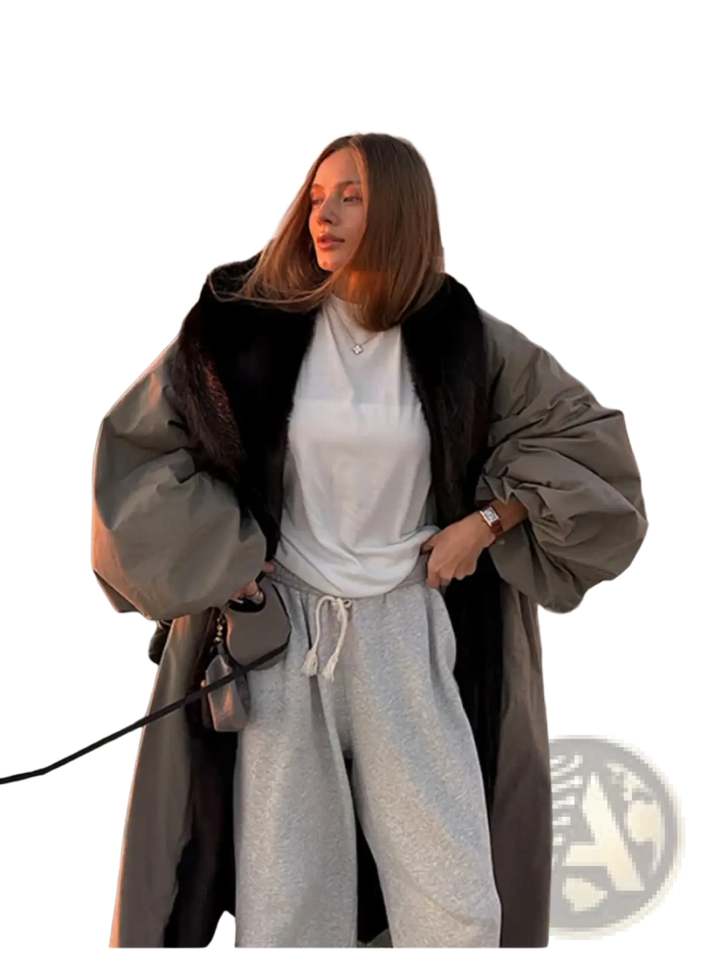 Gray drawstring sweatpants with soft textured fabric and relaxed fit paired with oversized trench coat women warm winter outerwear