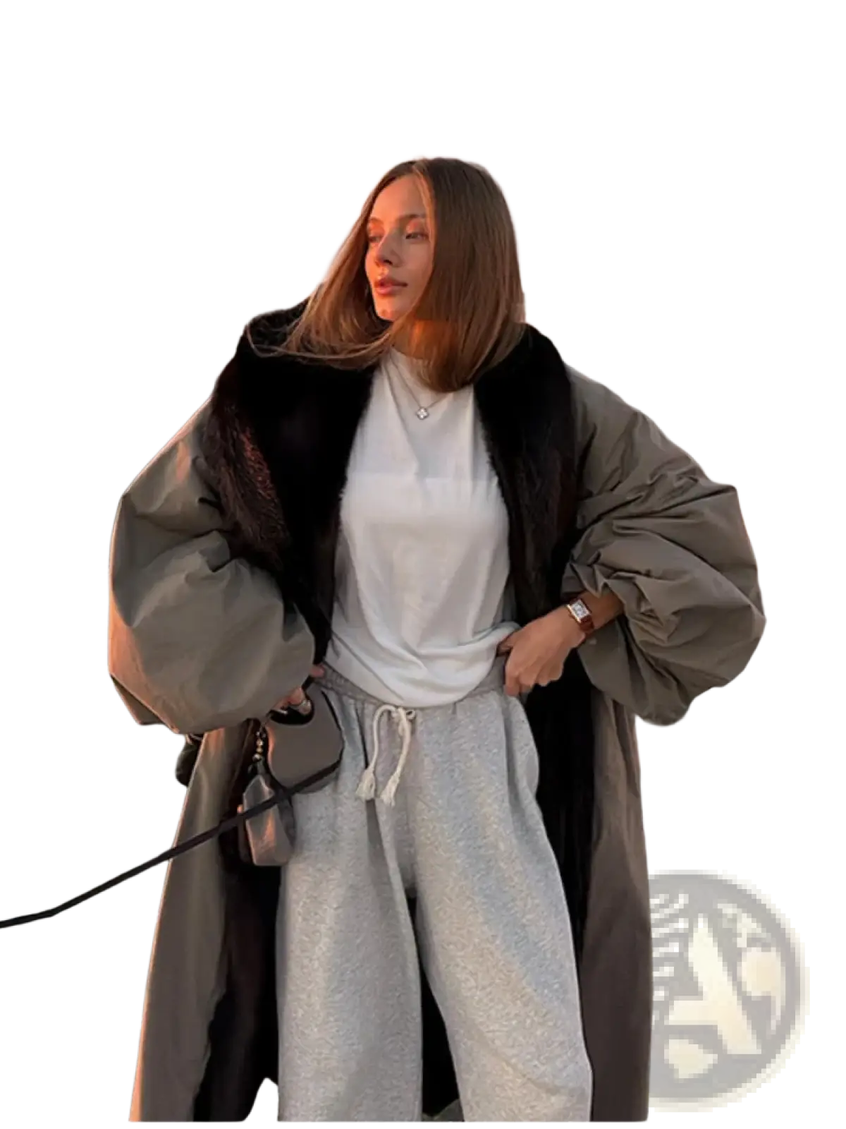 Gray drawstring sweatpants with soft textured fabric and relaxed fit paired with oversized trench coat women warm winter outerwear