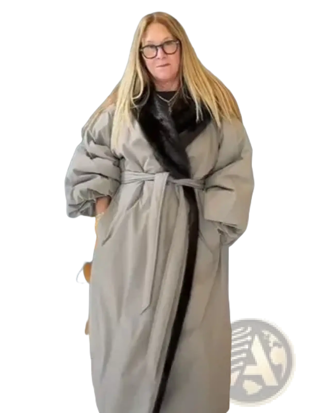 Oversized trench coat for women in gray with black fur-lined collar and matching belt warm winter outerwear
