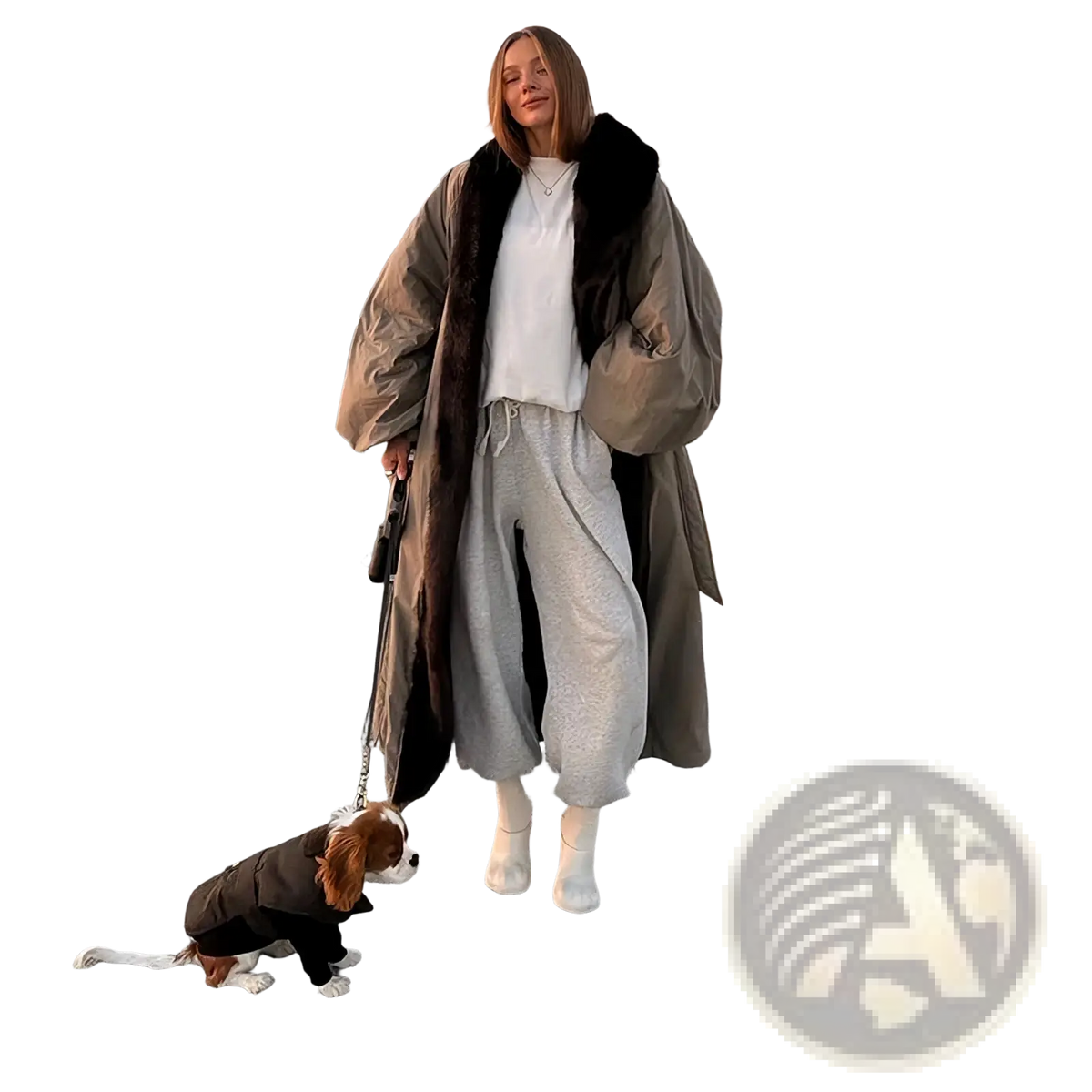 A woman wearing an oversized beige trench coat with a dark brown fur-lined hood stands on a paved promenade