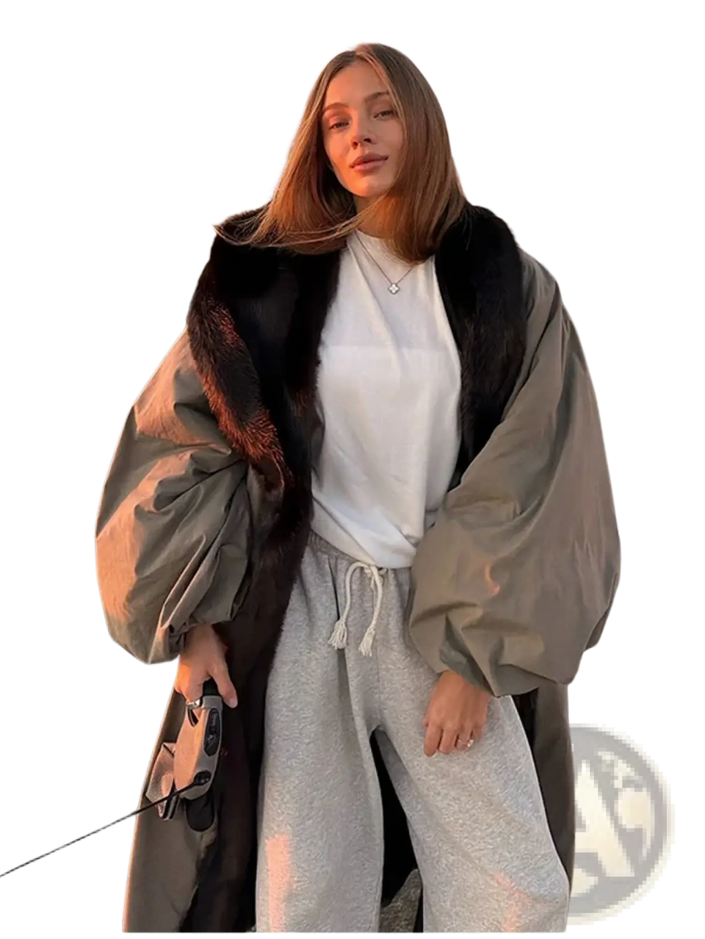 A woman wearing an olive green oversized trench coat with a plush black fur collar for warm winter outerwear