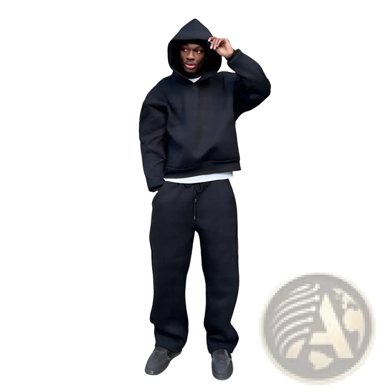 Black oversized unisex streetwear hoodie with drawstring hood and ribbed cuffs from sweatpants set, front view