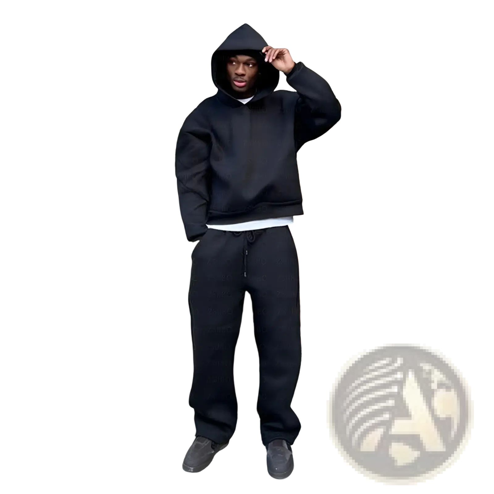 Black oversized unisex streetwear hoodie with relaxed fit and drawstring waistband displayed from the back side