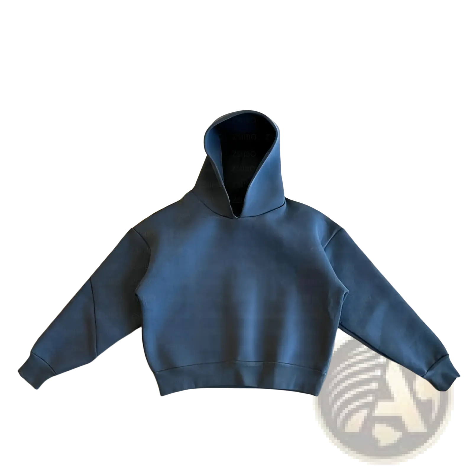 Dark blue cropped oversized unisex streetwear hoodie with relaxed minimalist design and ribbed cuffs