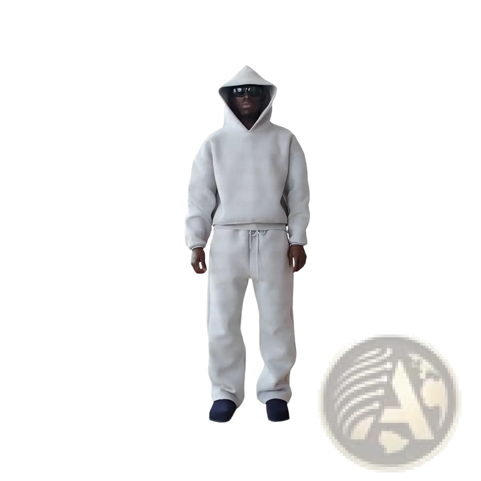 A person wearing a light gray oversized unisex streetwear hoodie with drawstring and matching sweatpants set