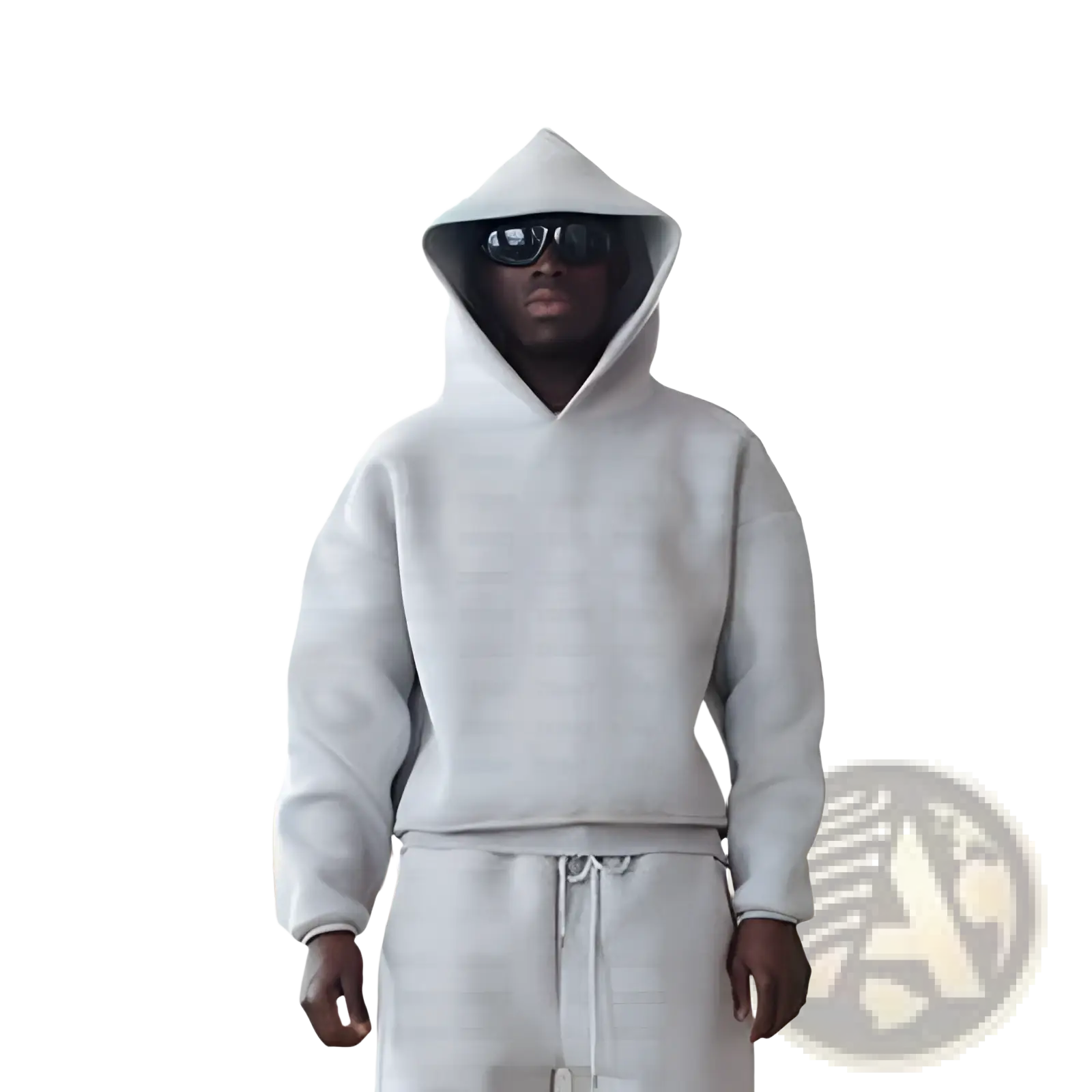 A person wearing a light gray oversized unisex streetwear hoodie and sweatpants set with matching drawstring pants