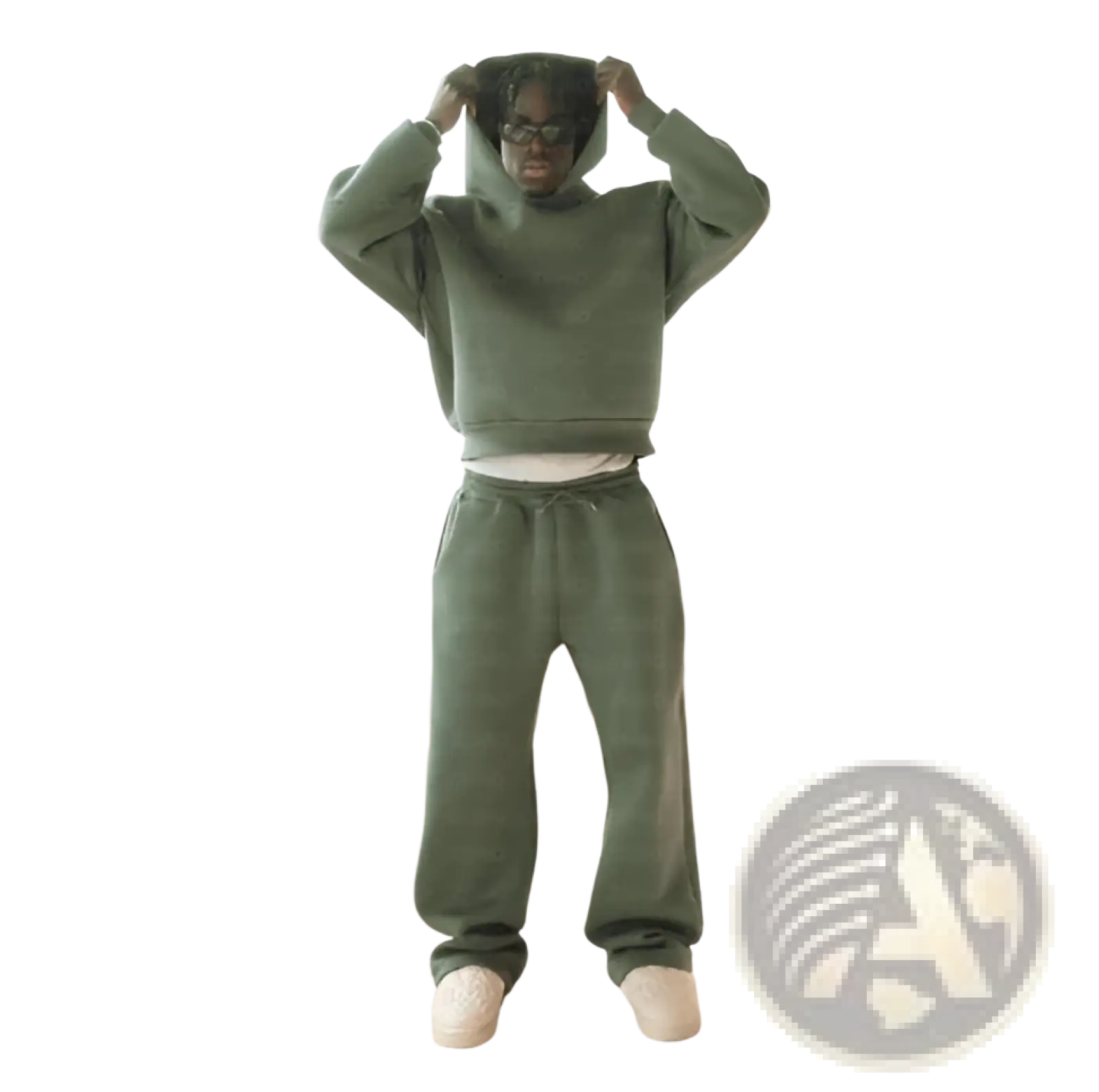 Olive green oversized unisex streetwear hoodie and sweatpants set in cropped hoodie and matching sweatpants style