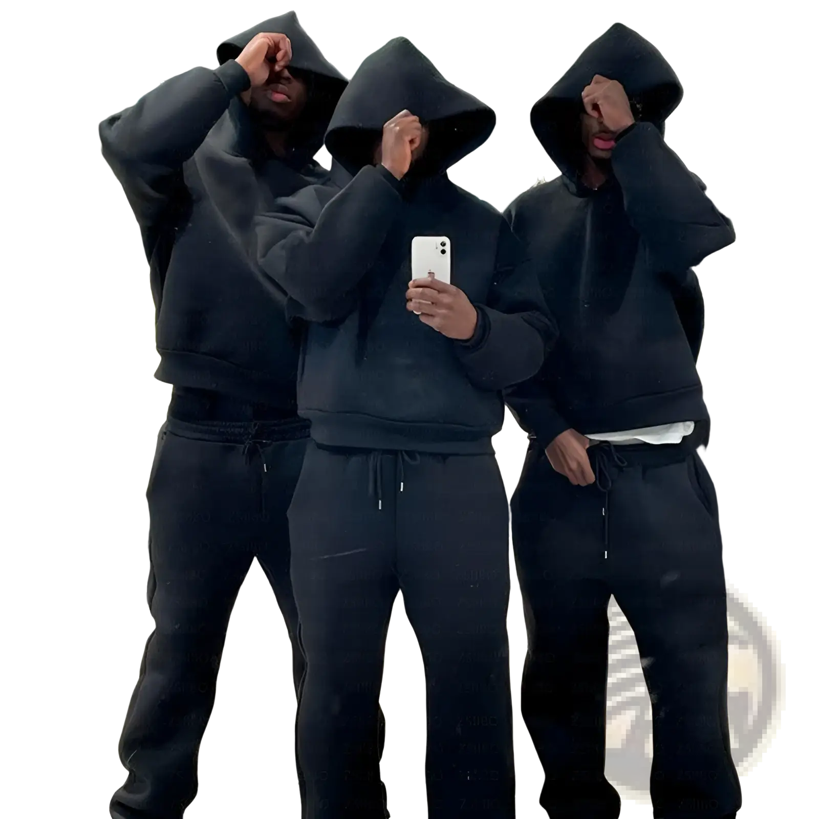 Three individuals wearing oversized unisex black cotton streetwear hoodies and sweatpants standing in a clothing store