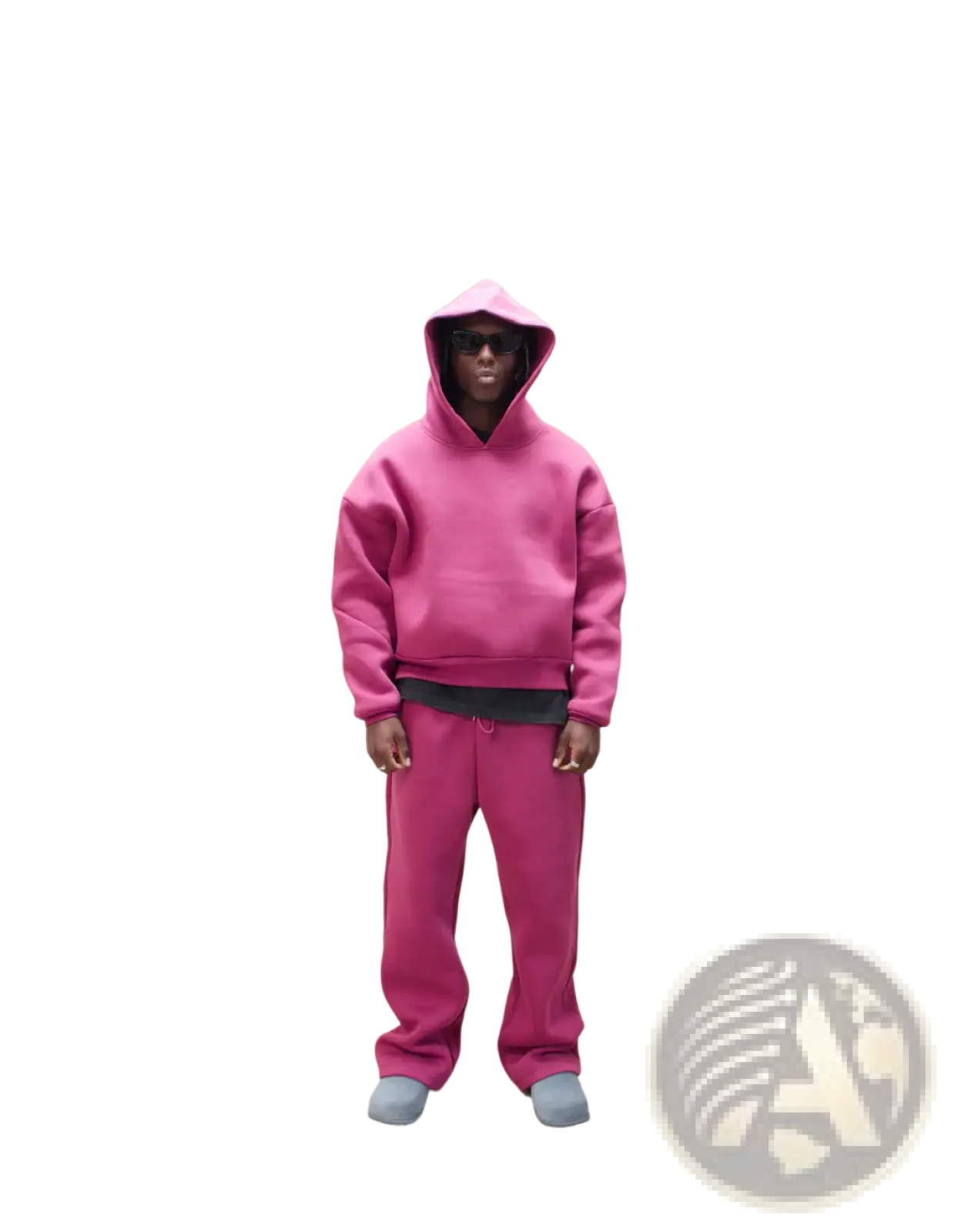 A vibrant magenta oversized unisex streetwear hoodie with relaxed fit and ribbed cuffs