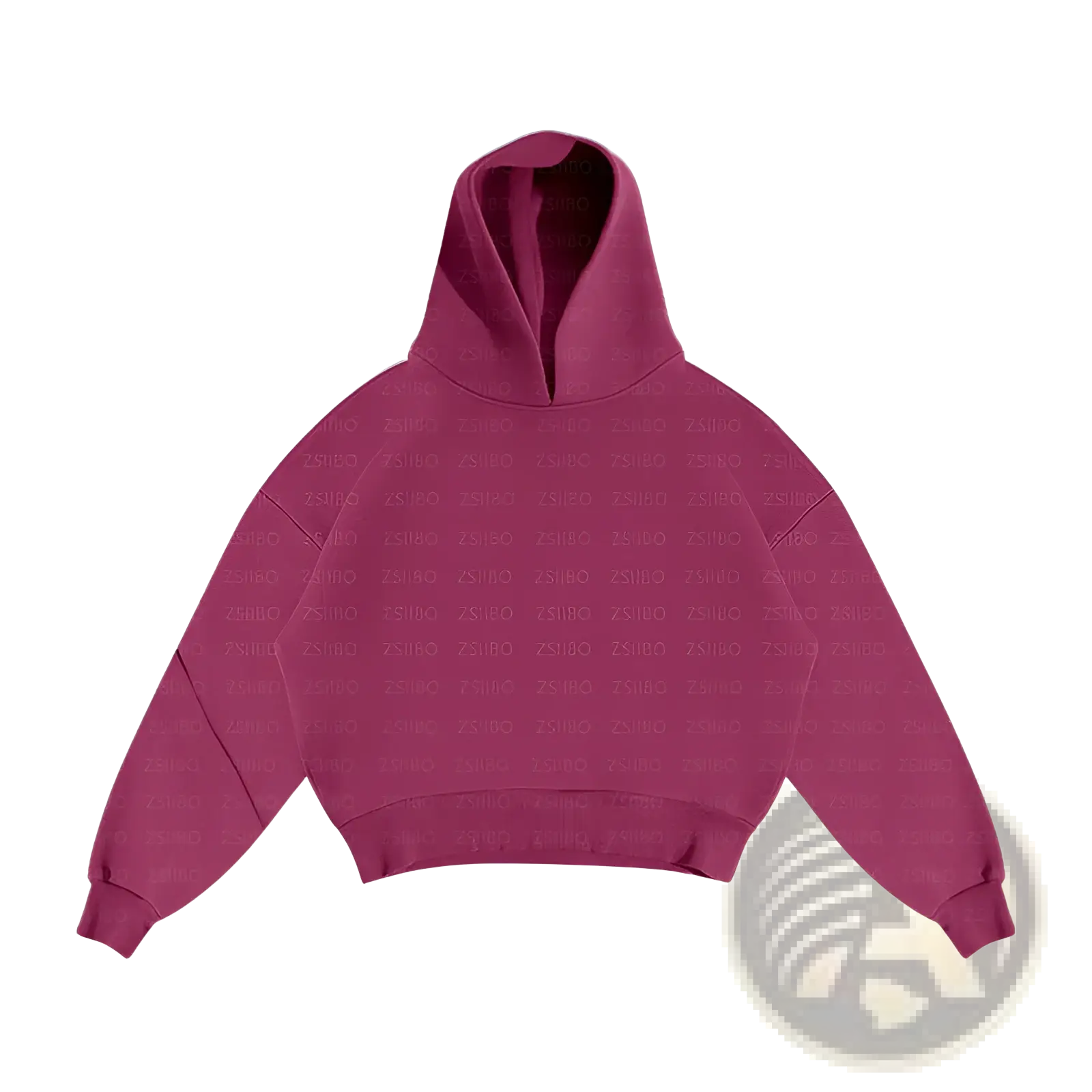 A dusty rose oversized unisex streetwear hoodie with a relaxed fit and subtle repeating text pattern across fabric