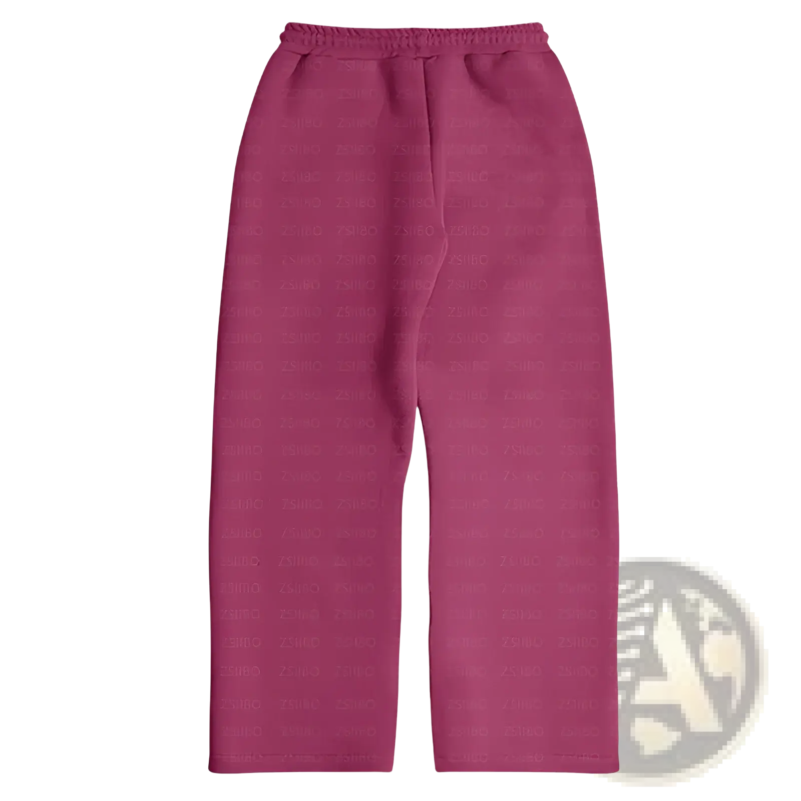 Magenta oversized unisex streetwear sweatpants with subtle repeating text pattern across the fabric